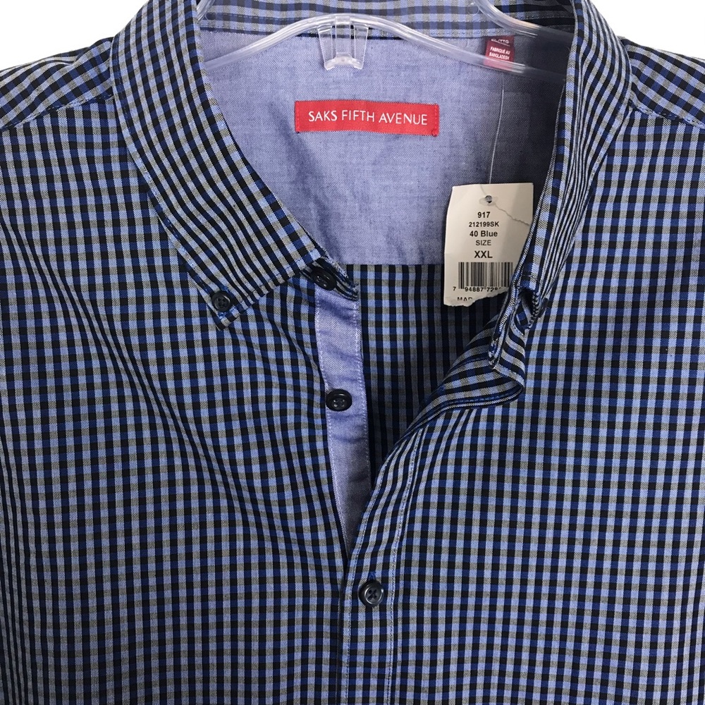 Saks Fifth Avenue men's long blue plaid shirt 2XL - Picture 6 of 7